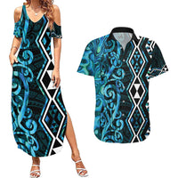 Turquoise Aotearoa Couples Matching Summer Maxi Dress and Hawaiian Shirt Taniko Motifs With Paua Shell Kowhaiwhai LT14 Turquoise - Polynesian Pride