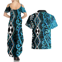 Turquoise Aotearoa Couples Matching Summer Maxi Dress and Hawaiian Shirt Taniko Motifs With Paua Shell Kowhaiwhai LT14 - Polynesian Pride