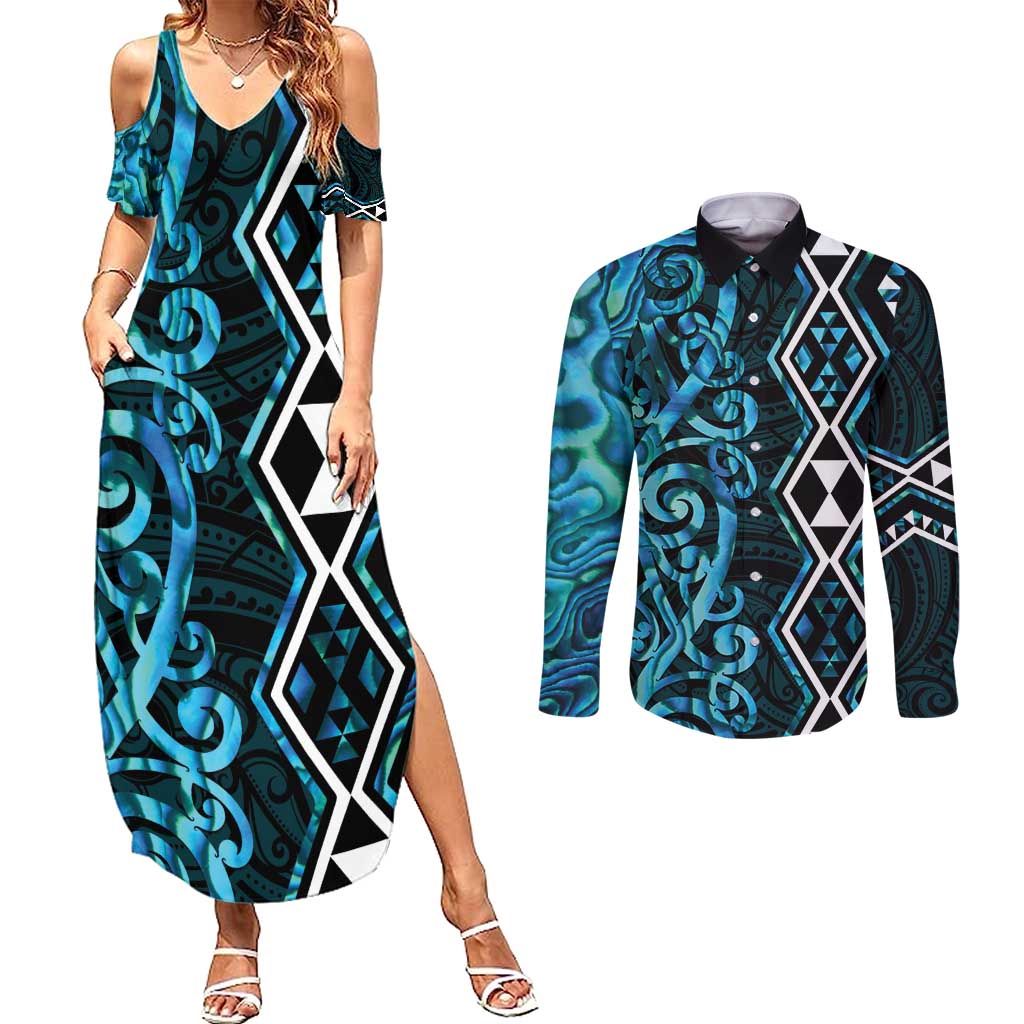 Turquoise Aotearoa Couples Matching Summer Maxi Dress and Long Sleeve Button Shirt Taniko Motifs With Paua Shell Kowhaiwhai LT14 Turquoise - Polynesian Pride