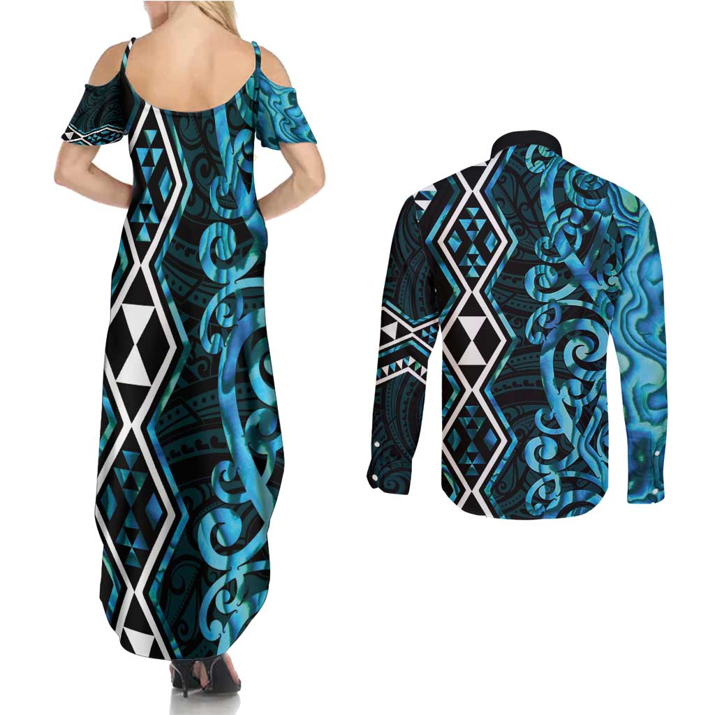 Turquoise Aotearoa Couples Matching Summer Maxi Dress and Long Sleeve Button Shirt Taniko Motifs With Paua Shell Kowhaiwhai LT14 - Polynesian Pride