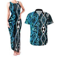Turquoise Aotearoa Couples Matching Tank Maxi Dress and Hawaiian Shirt Taniko Motifs With Paua Shell Kowhaiwhai LT14 Turquoise - Polynesian Pride