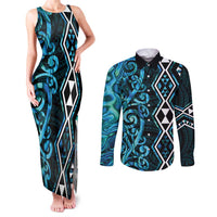 Turquoise Aotearoa Couples Matching Tank Maxi Dress and Long Sleeve Button Shirt Taniko Motifs With Paua Shell Kowhaiwhai LT14 Turquoise - Polynesian Pride