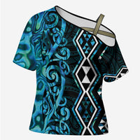 Turquoise Aotearoa Cross Shoulder Shirt Taniko Motifs With Paua Shell Kowhaiwhai LT14 Female Turquoise - Polynesian Pride