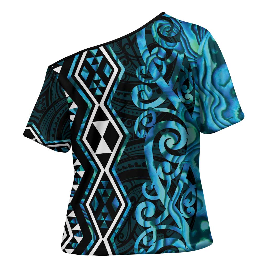 Turquoise Aotearoa Cross Shoulder Shirt Taniko Motifs With Paua Shell Kowhaiwhai LT14 - Polynesian Pride