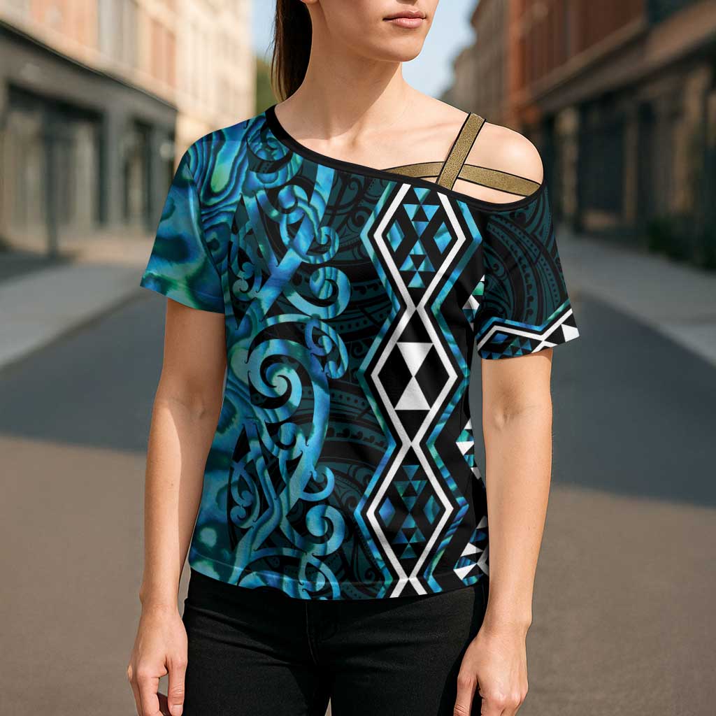 Turquoise Aotearoa Cross Shoulder Shirt Taniko Motifs With Paua Shell Kowhaiwhai LT14 - Polynesian Pride