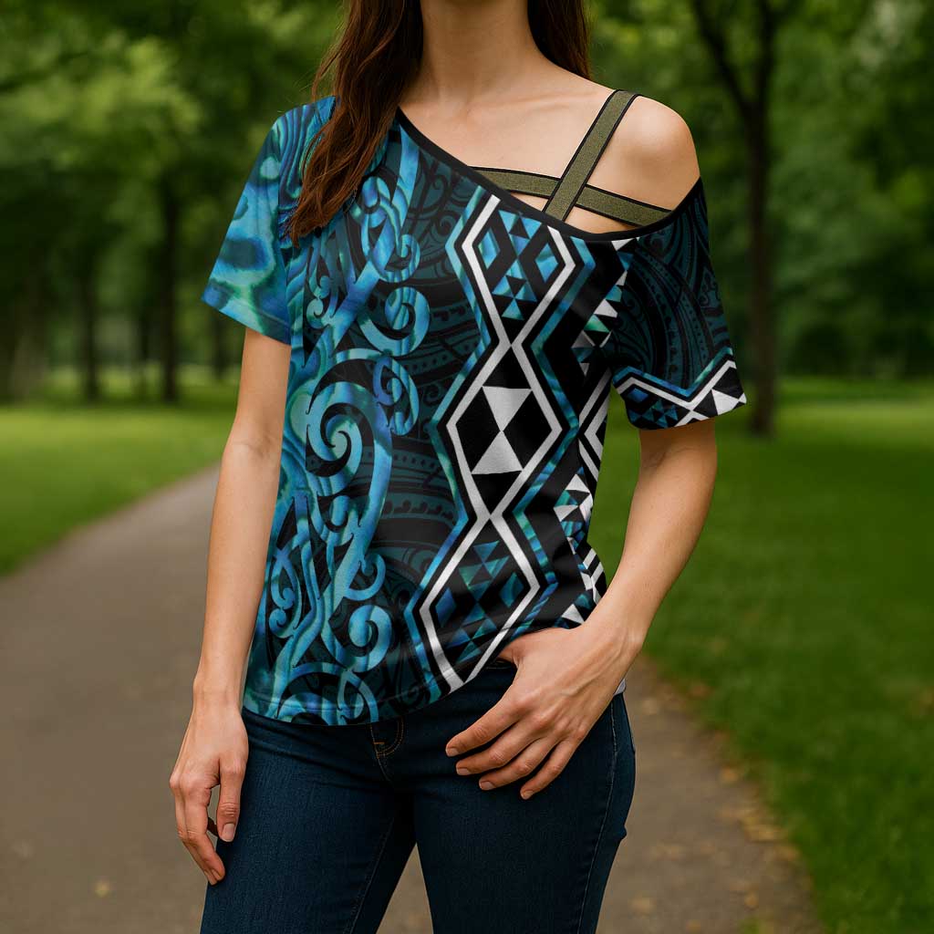 Turquoise Aotearoa Cross Shoulder Shirt Taniko Motifs With Paua Shell Kowhaiwhai LT14 - Polynesian Pride