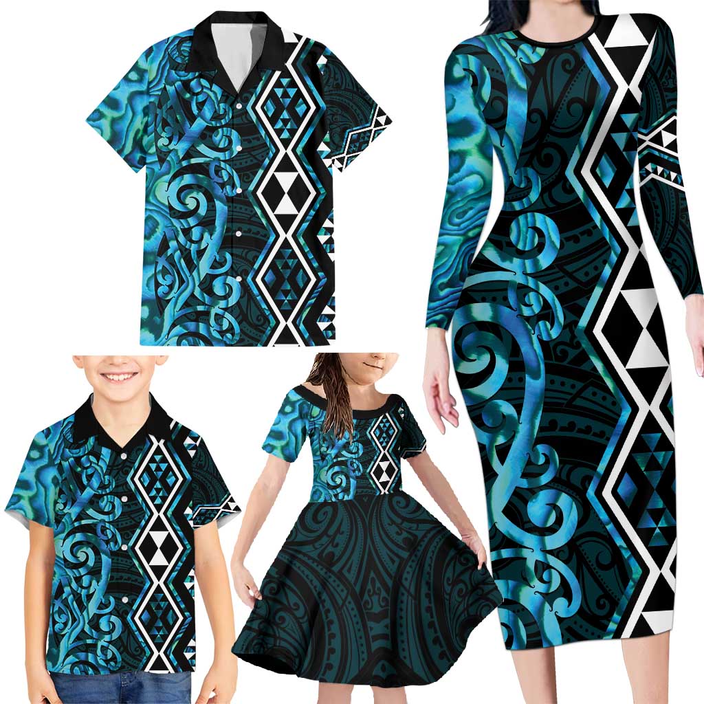 Turquoise Aotearoa Family Matching Long Sleeve Bodycon Dress and Hawaiian Shirt Taniko Motifs With Paua Shell Kowhaiwhai LT14 - Polynesian Pride
