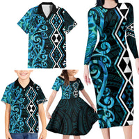 Turquoise Aotearoa Family Matching Long Sleeve Bodycon Dress and Hawaiian Shirt Taniko Motifs With Paua Shell Kowhaiwhai LT14 - Polynesian Pride