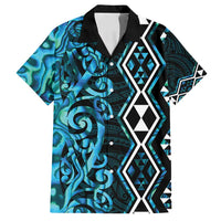 Turquoise Aotearoa Family Matching Long Sleeve Bodycon Dress and Hawaiian Shirt Taniko Motifs With Paua Shell Kowhaiwhai LT14 Dad's Shirt - Short Sleeve Turquoise - Polynesian Pride