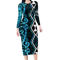 Turquoise Aotearoa Family Matching Long Sleeve Bodycon Dress and Hawaiian Shirt Taniko Motifs With Paua Shell Kowhaiwhai LT14 Mom's Dress Turquoise - Polynesian Pride