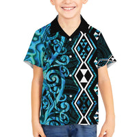 Turquoise Aotearoa Family Matching Long Sleeve Bodycon Dress and Hawaiian Shirt Taniko Motifs With Paua Shell Kowhaiwhai LT14 Son's Shirt Turquoise - Polynesian Pride