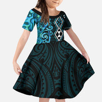 Turquoise Aotearoa Family Matching Mermaid Dress and Hawaiian Shirt Taniko Motifs With Paua Shell Kowhaiwhai LT14 Daughter's Dress Turquoise - Polynesian Pride