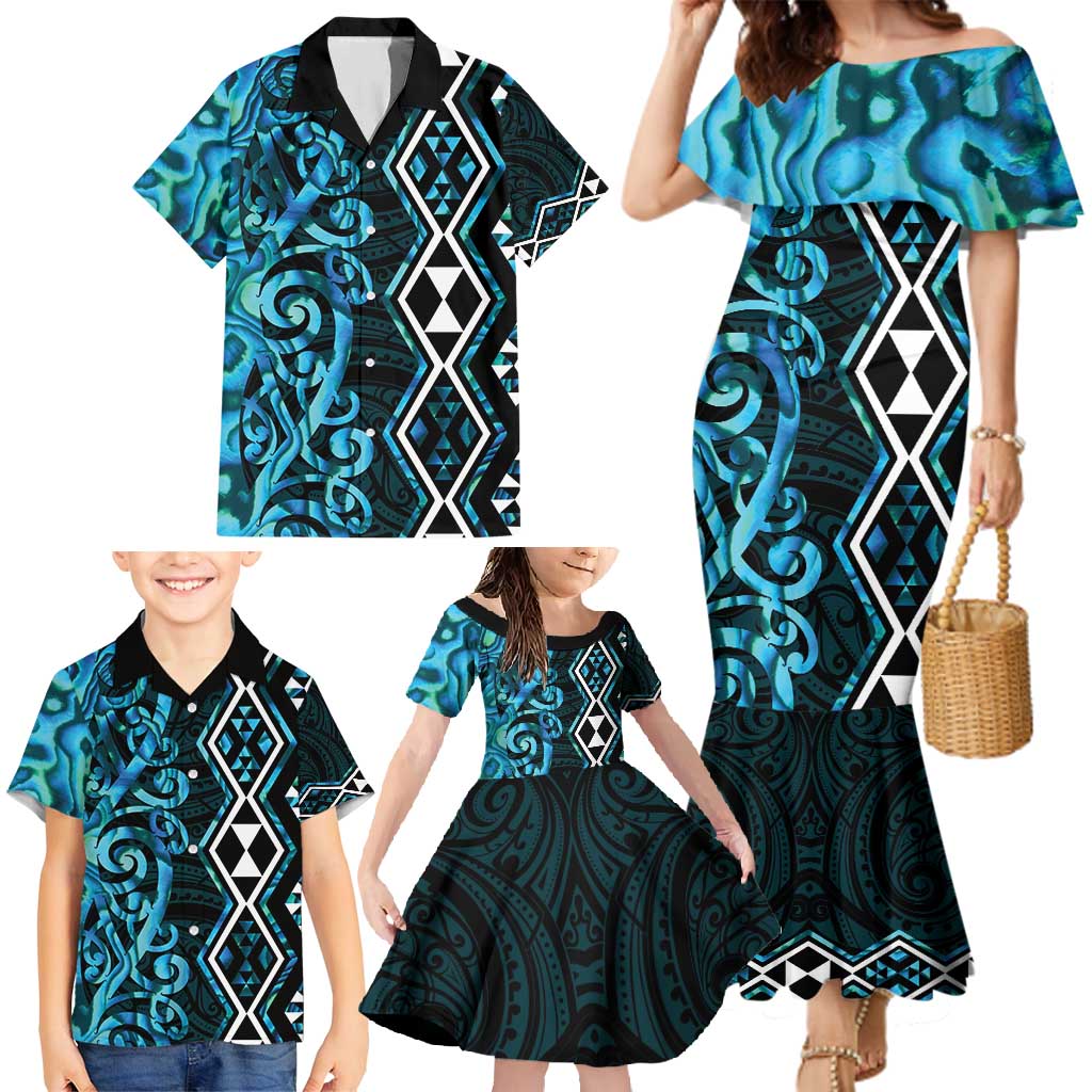 Turquoise Aotearoa Family Matching Mermaid Dress and Hawaiian Shirt Taniko Motifs With Paua Shell Kowhaiwhai LT14 - Polynesian Pride