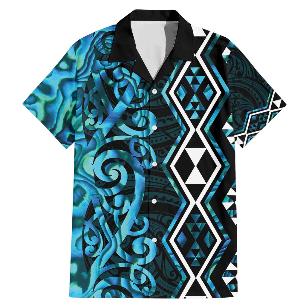 Turquoise Aotearoa Family Matching Mermaid Dress and Hawaiian Shirt Taniko Motifs With Paua Shell Kowhaiwhai LT14 Dad's Shirt - Short Sleeve Turquoise - Polynesian Pride