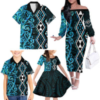 Turquoise Aotearoa Family Matching Off The Shoulder Long Sleeve Dress and Hawaiian Shirt Taniko Motifs With Paua Shell Kowhaiwhai LT14 - Polynesian Pride