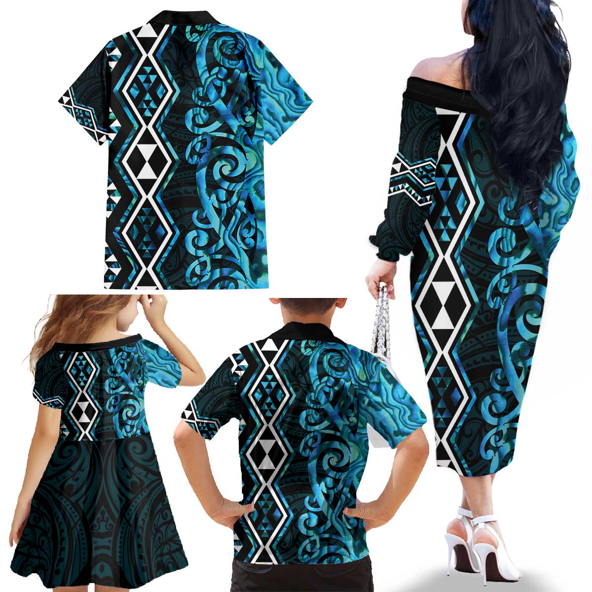 Turquoise Aotearoa Family Matching Off The Shoulder Long Sleeve Dress and Hawaiian Shirt Taniko Motifs With Paua Shell Kowhaiwhai LT14 - Polynesian Pride
