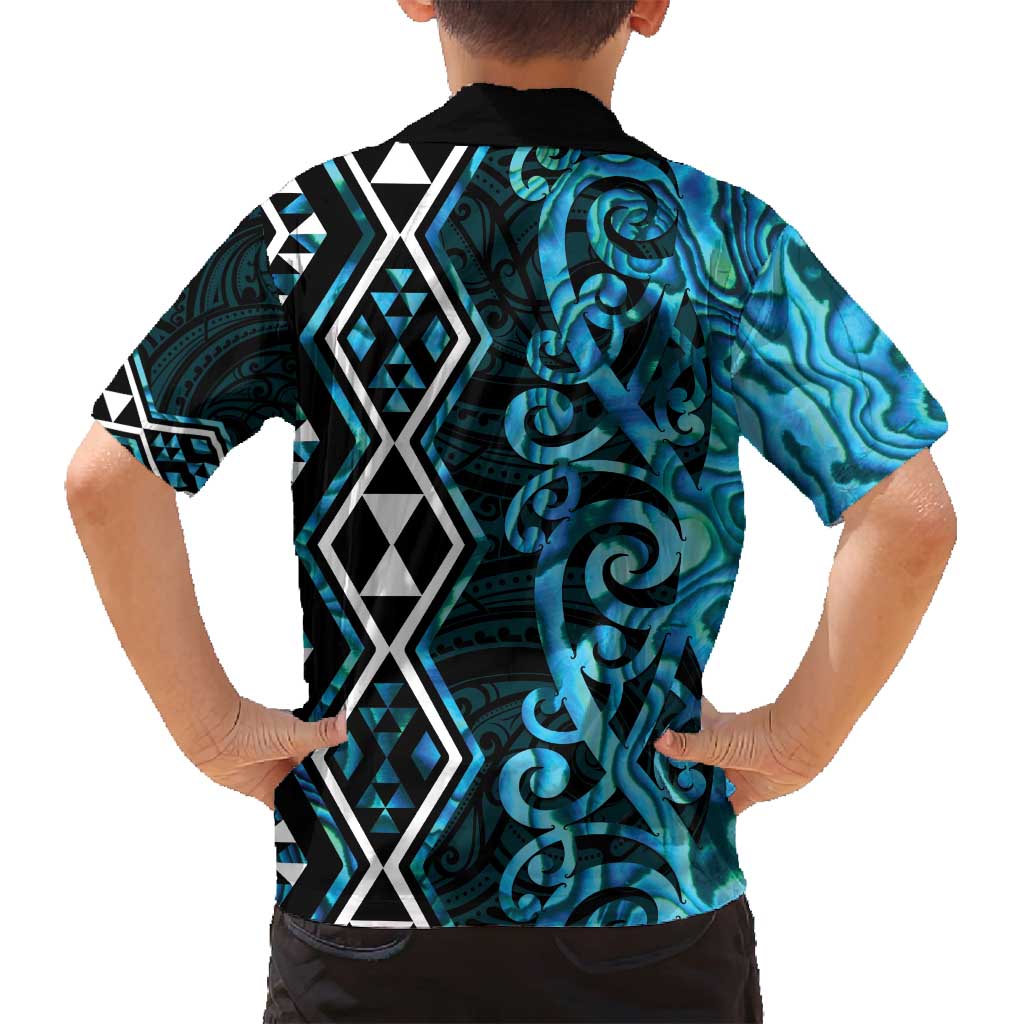 Turquoise Aotearoa Family Matching Off Shoulder Maxi Dress and Hawaiian Shirt Taniko Motifs With Paua Shell Kowhaiwhai LT14 - Polynesian Pride