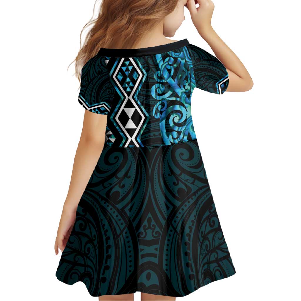 Turquoise Aotearoa Family Matching Off Shoulder Maxi Dress and Hawaiian Shirt Taniko Motifs With Paua Shell Kowhaiwhai LT14 - Polynesian Pride