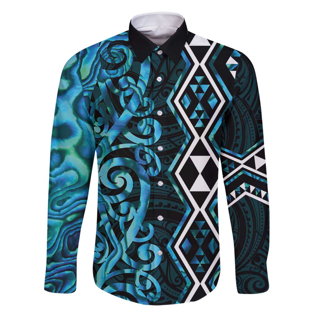 Turquoise Aotearoa Family Matching Off Shoulder Maxi Dress and Hawaiian Shirt Taniko Motifs With Paua Shell Kowhaiwhai LT14 Dad's Shirt - Long Sleeve Turquoise - Polynesian Pride