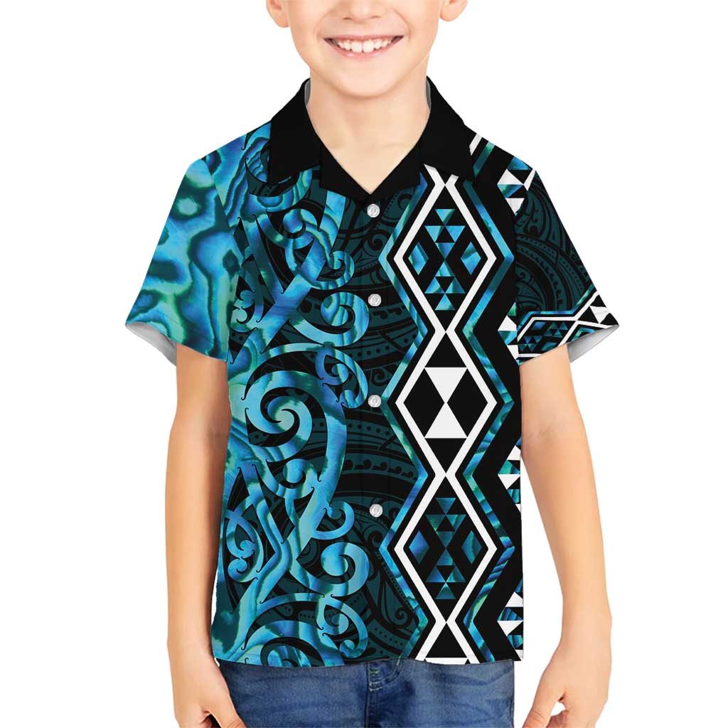 Turquoise Aotearoa Family Matching Off Shoulder Maxi Dress and Hawaiian Shirt Taniko Motifs With Paua Shell Kowhaiwhai LT14 Son's Shirt Turquoise - Polynesian Pride