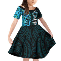 Turquoise Aotearoa Family Matching Off Shoulder Short Dress and Hawaiian Shirt Taniko Motifs With Paua Shell Kowhaiwhai LT14 Daughter's Dress Turquoise - Polynesian Pride