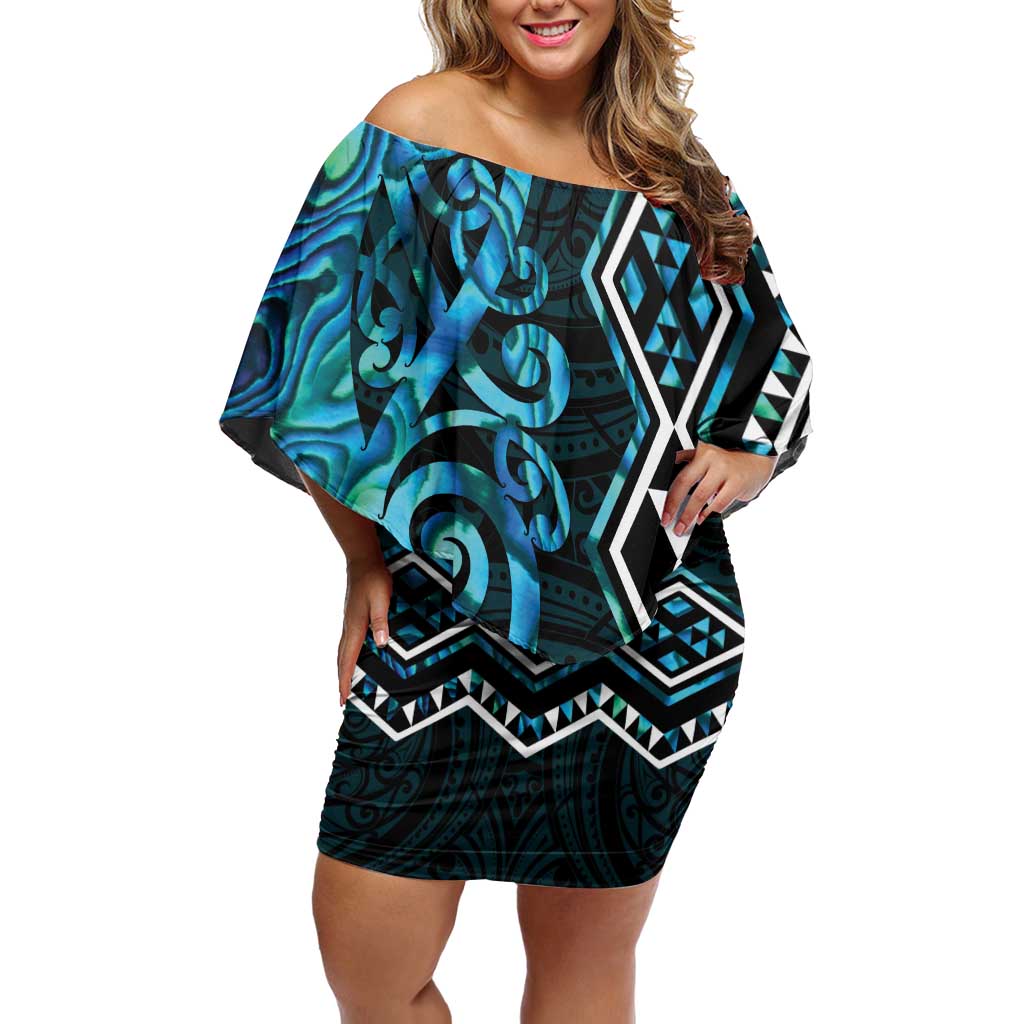 Turquoise Aotearoa Family Matching Off Shoulder Short Dress and Hawaiian Shirt Taniko Motifs With Paua Shell Kowhaiwhai LT14 Mom's Dress Turquoise - Polynesian Pride