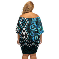 Turquoise Aotearoa Family Matching Off Shoulder Short Dress and Hawaiian Shirt Taniko Motifs With Paua Shell Kowhaiwhai LT14 - Polynesian Pride