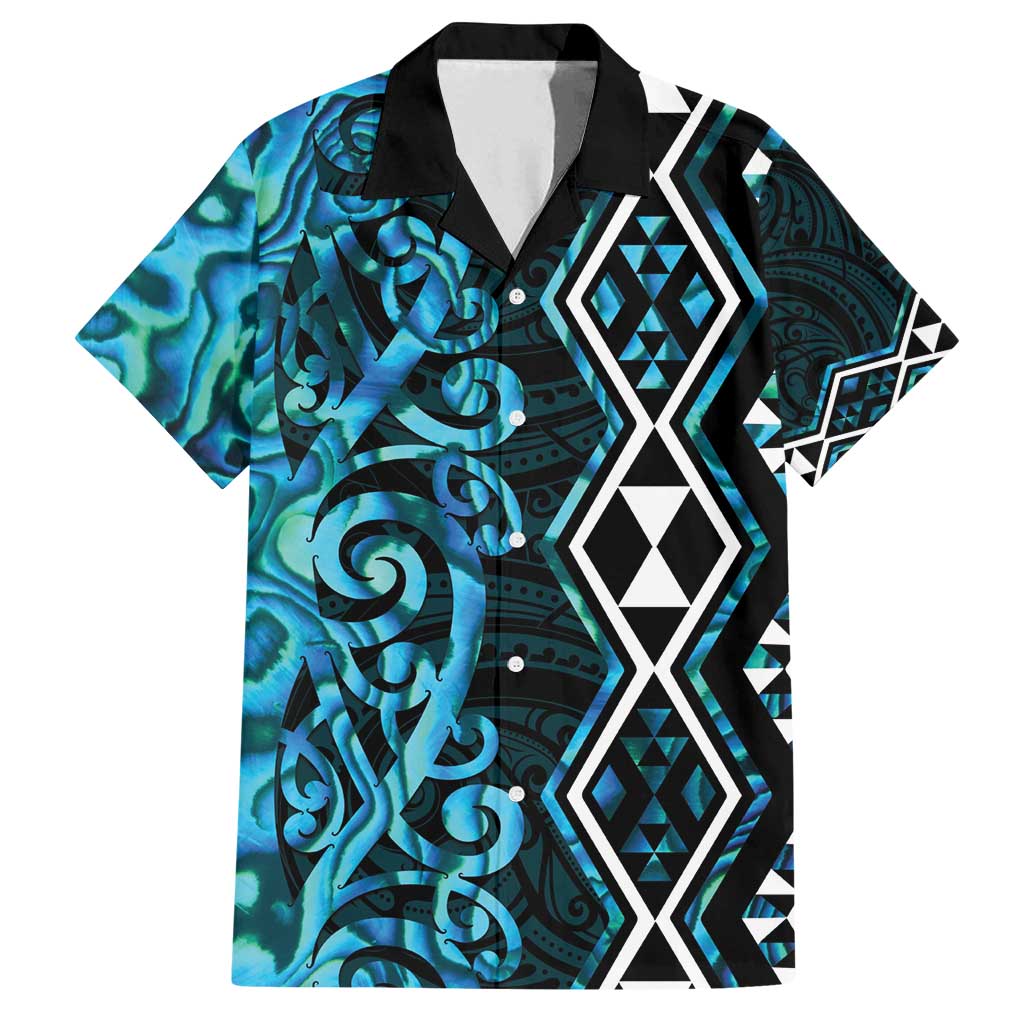 Turquoise Aotearoa Family Matching Puletasi and Hawaiian Shirt Taniko Motifs With Paua Shell Kowhaiwhai LT14 Dad's Shirt - Short Sleeve Turquoise - Polynesian Pride