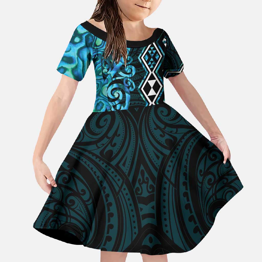 Turquoise Aotearoa Family Matching Tank Maxi Dress and Hawaiian Shirt Taniko Motifs With Paua Shell Kowhaiwhai LT14 Daughter's Dress Turquoise - Polynesian Pride