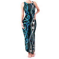 Turquoise Aotearoa Family Matching Tank Maxi Dress and Hawaiian Shirt Taniko Motifs With Paua Shell Kowhaiwhai LT14 Mom's Dress Turquoise - Polynesian Pride
