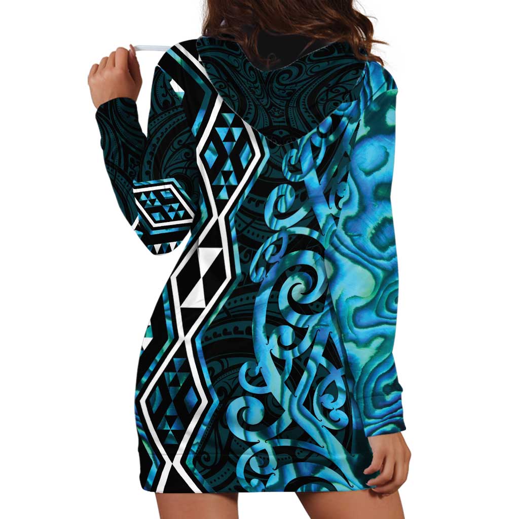 Turquoise Aotearoa Hoodie Dress Taniko Motifs With Paua Shell Kowhaiwhai LT14 - Polynesian Pride
