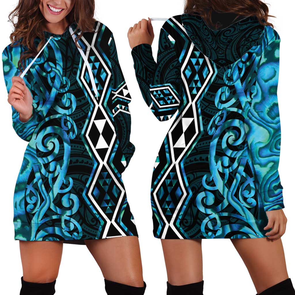 Turquoise Aotearoa Hoodie Dress Taniko Motifs With Paua Shell Kowhaiwhai LT14 - Polynesian Pride