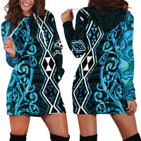 Turquoise Aotearoa Hoodie Dress Taniko Motifs With Paua Shell Kowhaiwhai LT14 - Polynesian Pride
