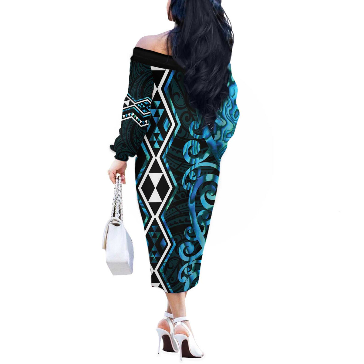 Turquoise Aotearoa Off The Shoulder Long Sleeve Dress Taniko Motifs With Paua Shell Kowhaiwhai LT14 - Polynesian Pride