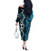 Turquoise Aotearoa Off The Shoulder Long Sleeve Dress Taniko Motifs With Paua Shell Kowhaiwhai LT14 - Polynesian Pride
