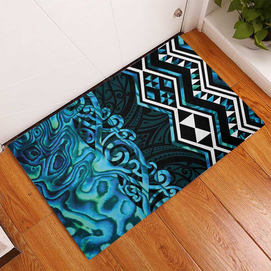 Turquoise Aotearoa Rubber Doormat Taniko Motifs With Paua Shell Kowhaiwhai