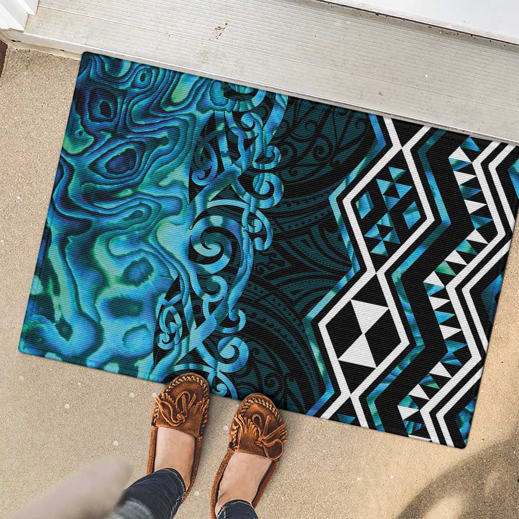 Turquoise Aotearoa Rubber Doormat Taniko Motifs With Paua Shell Kowhaiwhai