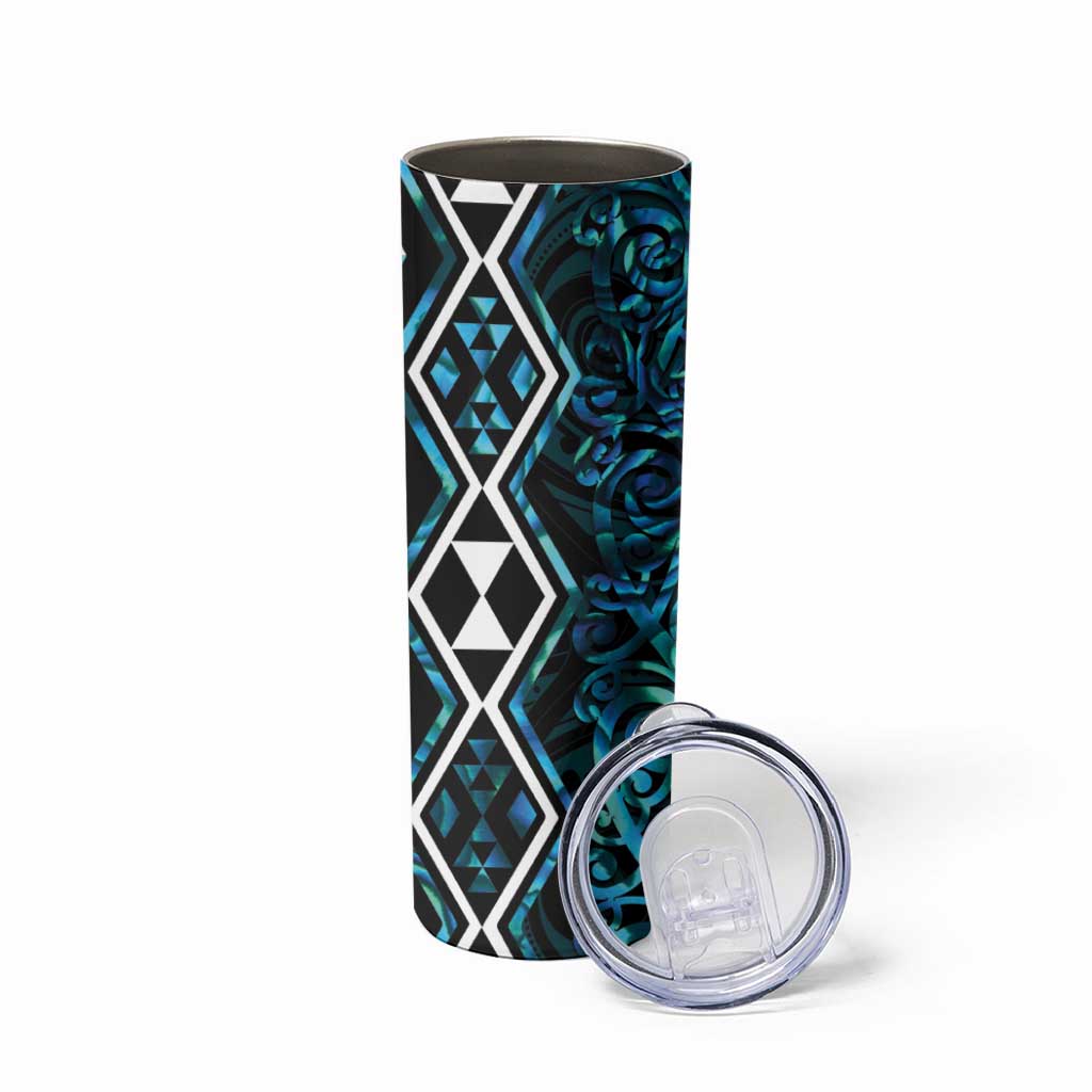 Turquoise Aotearoa Skinny Tumbler Taniko Motifs With Paua Shell Kowhaiwhai LT14 - Polynesian Pride