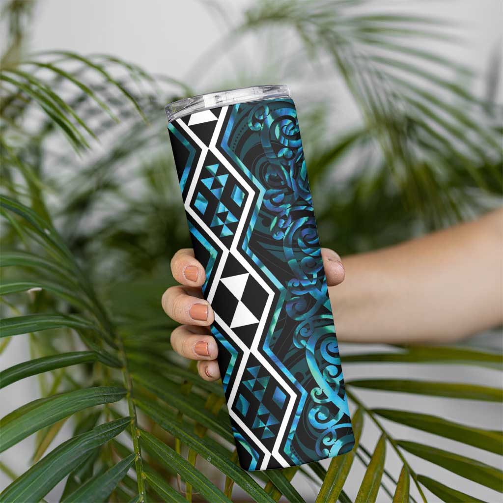 Turquoise Aotearoa Skinny Tumbler Taniko Motifs With Paua Shell Kowhaiwhai LT14 - Polynesian Pride