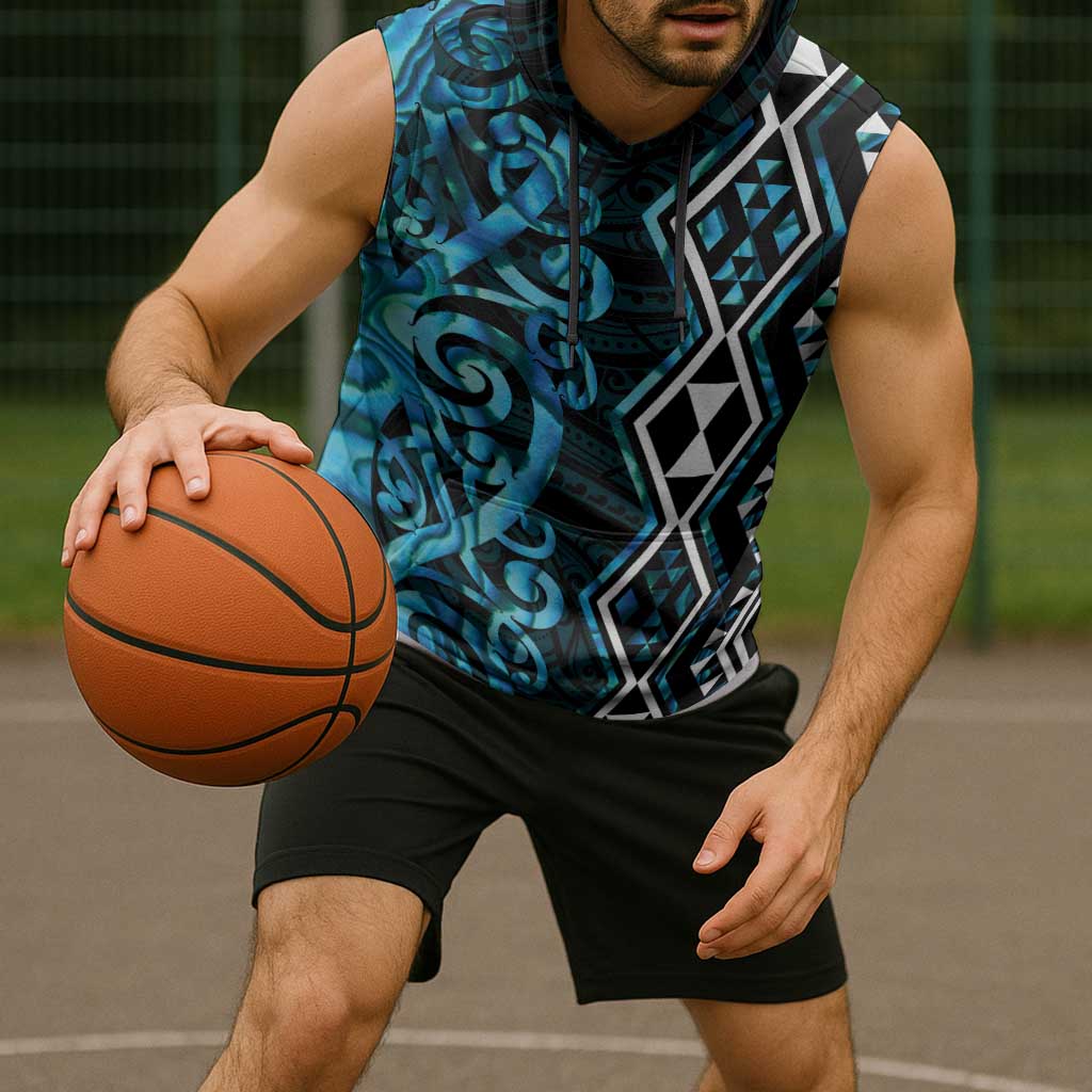 Turquoise Aotearoa Sleeveless Hoodie Taniko Motifs With Paua Shell Kowhaiwhai - Polynesian Pride