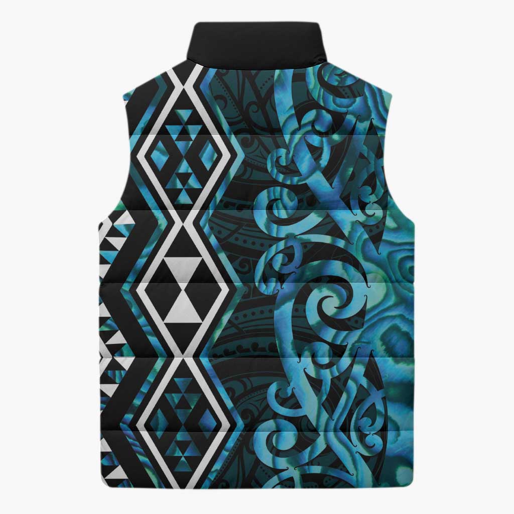Turquoise Aotearoa Sleeveless Puffer Jacket Taniko Motifs With Paua Shell Kowhaiwhai LT14 - Polynesian Pride