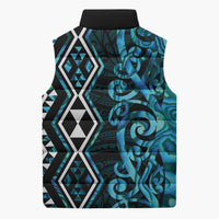 Turquoise Aotearoa Sleeveless Puffer Jacket Taniko Motifs With Paua Shell Kowhaiwhai LT14 - Polynesian Pride