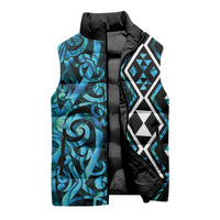 Turquoise Aotearoa Sleeveless Puffer Jacket Taniko Motifs With Paua Shell Kowhaiwhai LT14 - Polynesian Pride