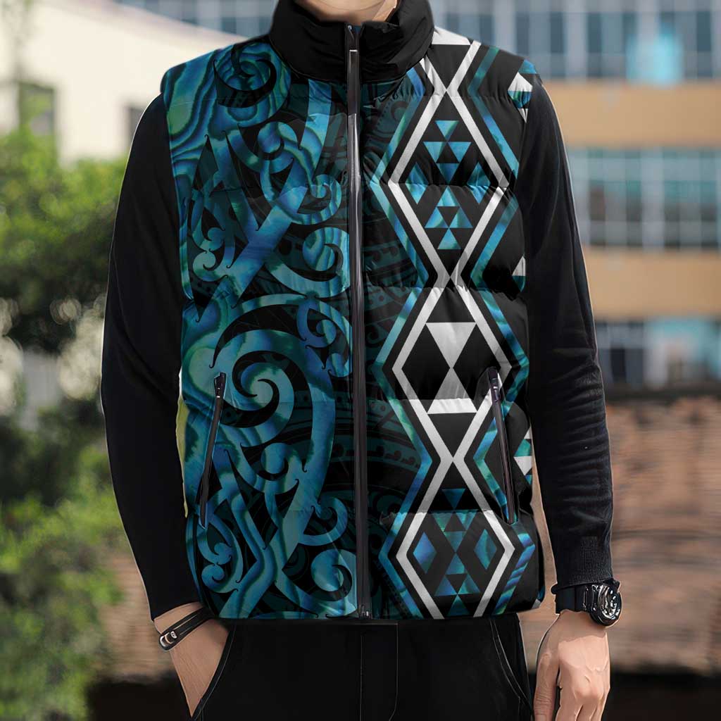 Turquoise Aotearoa Sleeveless Puffer Jacket Taniko Motifs With Paua Shell Kowhaiwhai LT14 - Polynesian Pride