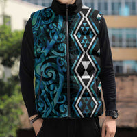 Turquoise Aotearoa Sleeveless Puffer Jacket Taniko Motifs With Paua Shell Kowhaiwhai LT14 - Polynesian Pride