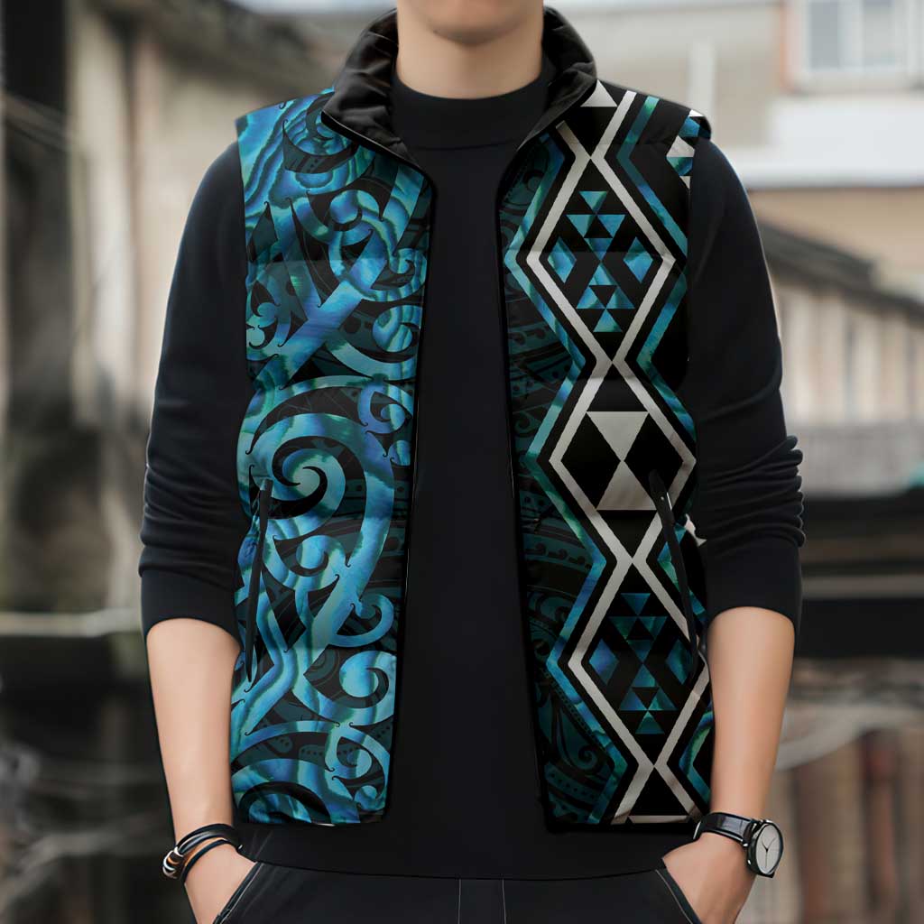 Turquoise Aotearoa Sleeveless Puffer Jacket Taniko Motifs With Paua Shell Kowhaiwhai LT14 - Polynesian Pride