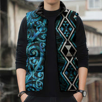 Turquoise Aotearoa Sleeveless Puffer Jacket Taniko Motifs With Paua Shell Kowhaiwhai LT14 - Polynesian Pride