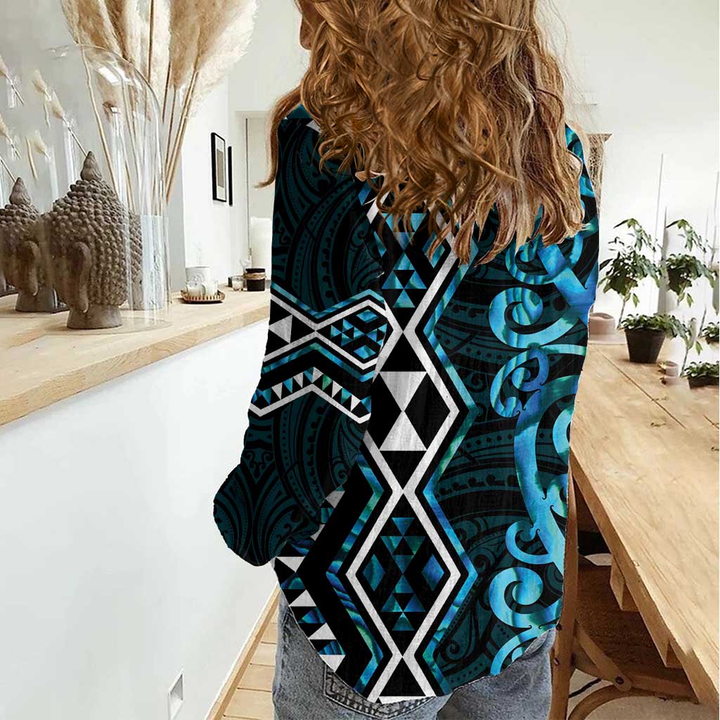 Turquoise Aotearoa Women Casual Shirt Taniko Motifs With Paua Shell Kowhaiwhai LT14 - Polynesian Pride