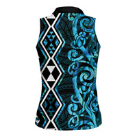 Turquoise Aotearoa Women Sleeveless Polo Shirt Taniko Motifs With Paua Shell Kowhaiwhai LT14 - Polynesian Pride