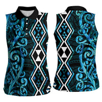 Turquoise Aotearoa Women Sleeveless Polo Shirt Taniko Motifs With Paua Shell Kowhaiwhai LT14 - Polynesian Pride
